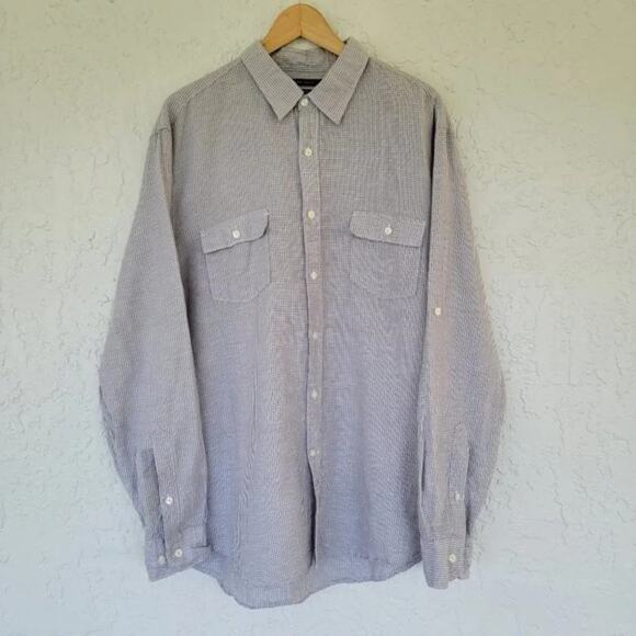 Perry Ellis Long Sleeve Linen Button Down Shirt Tan White Mens Size XL Classic - Picture 1 of 10